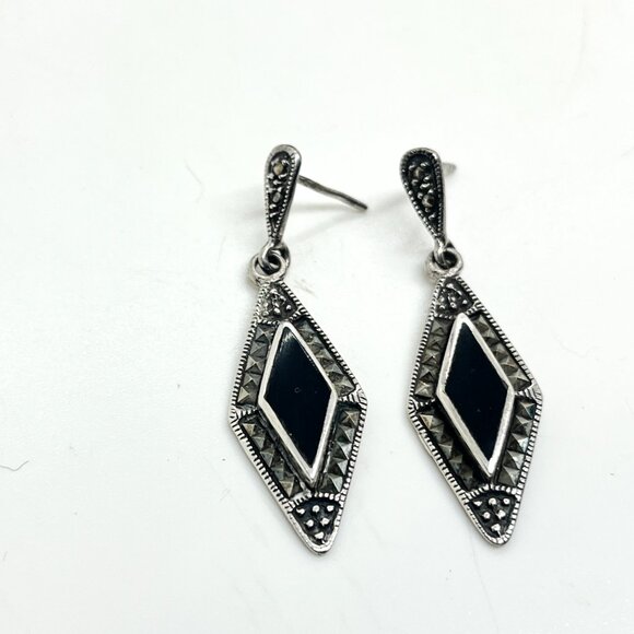VINTAGE 925 STERLING SILVER MARCASITE ONYX DROP EARRINGS PIERCED ART DECO - Picture 8 of 15